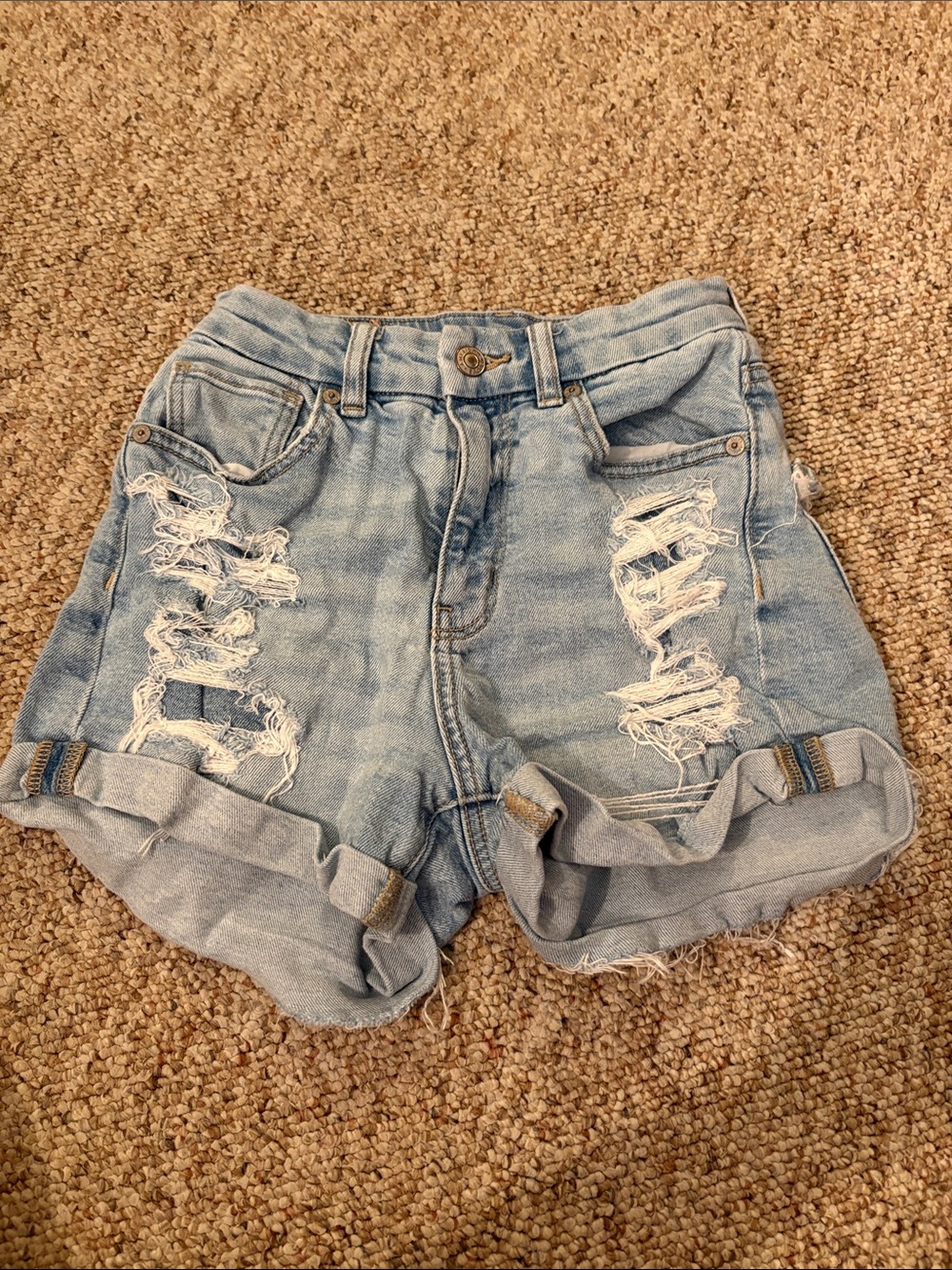 American Eagle Outfitters Light Wash Distressed Rolled Cuff Denim Shorts